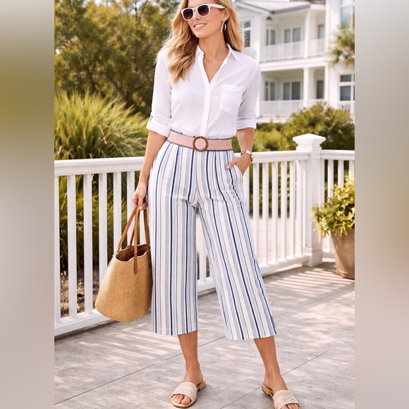 Coco Bianco Pants - Coco Bianco,Linen/Rayon Cropped Wide-Leg Pants,Stripe Coastal Boho,EUC,Size M